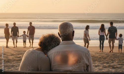Rear view of an older couple sitting on a beach bench at sunset, observing younger family members walking near the ocean waves.