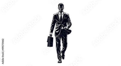 Businessman walking with briefcase and hat isolated on transparent background.