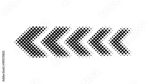 Arrow icon. Arrow pattern of chevrons and dots. Speed direction to the left. Race forward icon isolated on white background. Modern arrow shape tip sign. Dynamic logo. Long patern. Vector illustration