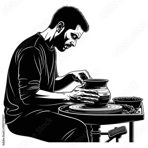 Man working on pottery wheel isolated on transparent background.