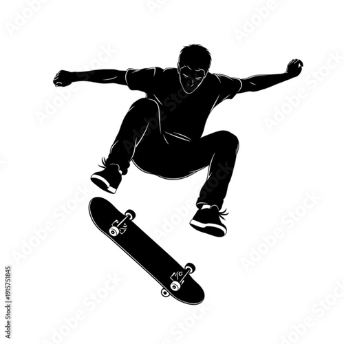 Young man performing skateboard trick aerial isolated on transparent background.