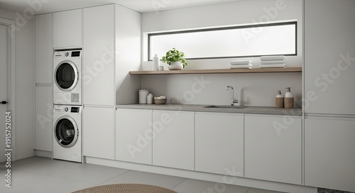 Modern laundry room interior white cabinets washing machines and sunlight