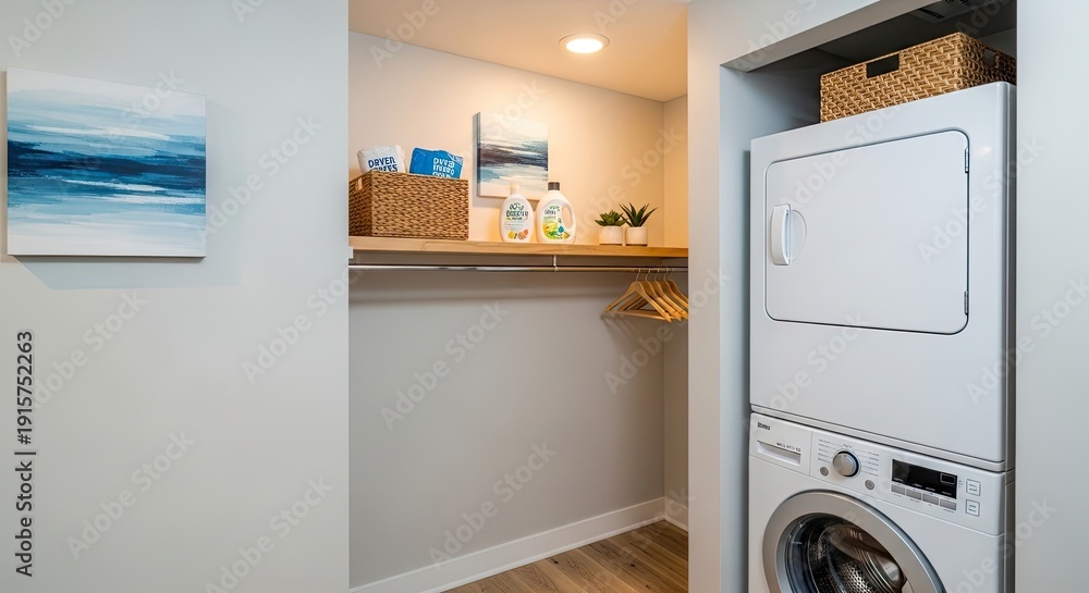 Fototapeta premium Modern laundry room interior with stacked washer dryer and decorative elements