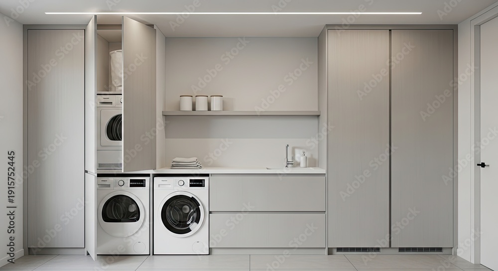 Fototapeta premium Modern laundry room interior with washing machines and storage cabinets