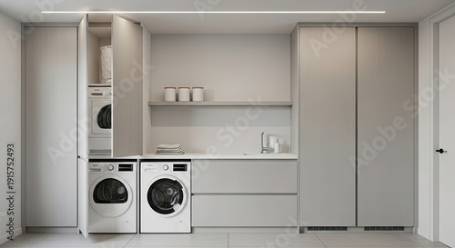 Modern laundry room interior washer and dryer with storage cabinets