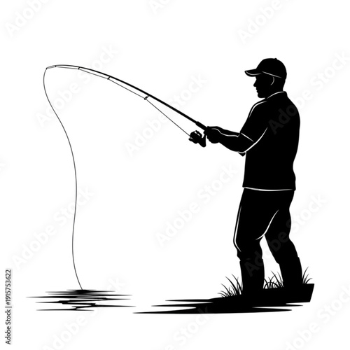 Man casting fishing rod outdoors alone isolated on transparent background.