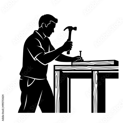 Man hammering nail into wooden plank isolated on transparent background.