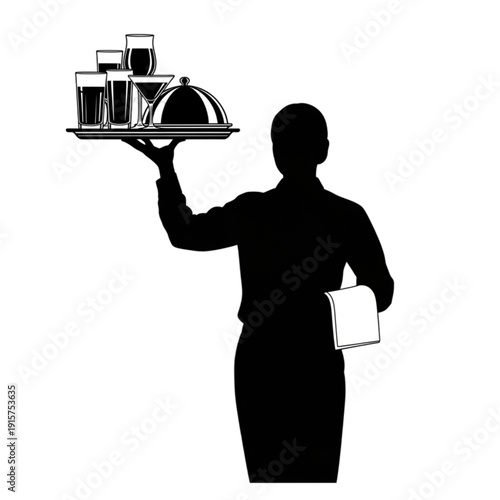 Waiter carrying a tray of drinks isolated on transparent background.