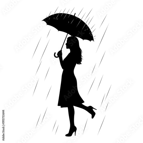 Woman walking in the rain outside isolated on transparent background.
