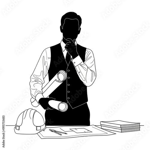 Man in vest holding construction plans isolated on transparent background.