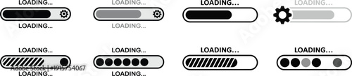 Collection of eight different loading bar icons with text and gear symbols progress bar