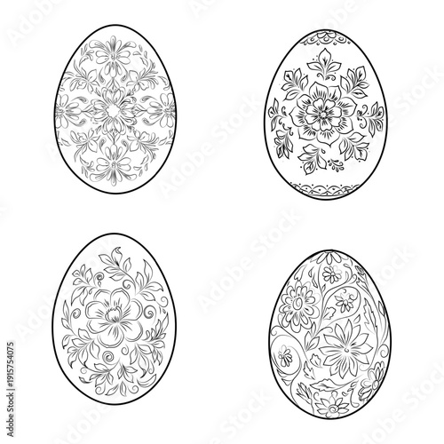 Easter egg with floral pattern, black and white sketch. Vector illustration. Collection of painted eggs, isolated on a white background. Concept of spring, Easter and Christian holiday