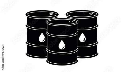 Three black oil barrels with a white drop symbol on each