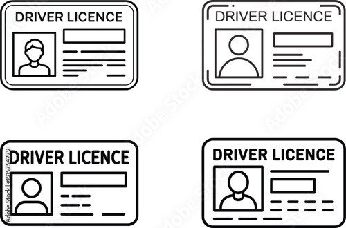 Four outline icons representing driver's license cards with portrait and text fields