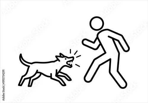 A dog chasing a person running away in a simple line drawing style