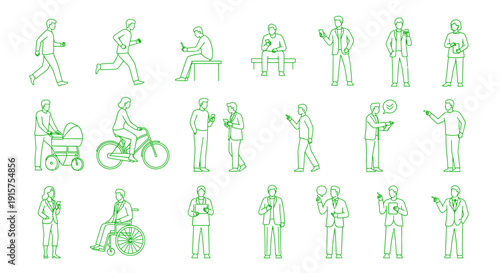Collection of diverse people engaged in various daily activities, depicted in minimalist line art style