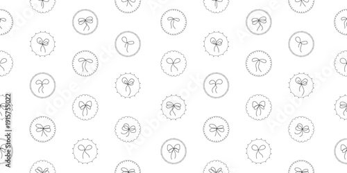 Ribbon medallion pattern. Lace circle bows seamless background. Outline bowknot seal. Doodle modern girly wallpaper for fabric print, packaging, scrapbook, apparel design, planner