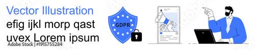 Data privacy, security compliance, GDPR, online protection, technological accountability, legal standards. Shield and lock, user interface and man interacting with a laptop. Data privacy