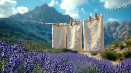 White towels are displayed on a clothesline amidst a lavender field with distant mountains and a blue sky.