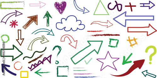 Directional Art: A collection of various hand-drawn symbols, arrows, and shapes, each displaying unique artistic flair and a spectrum of vibrant colours, creating a visually engaging design.