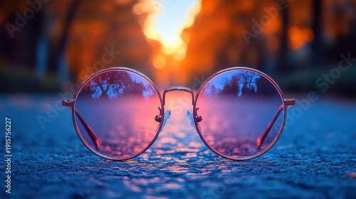 Round sunglasses rest on a textured surface with a gradient sky background of orange and blue.