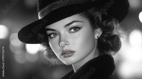 A woman wearing a black hat with a fur collar is captured in a close-up portrait, conveying an atmosphere of mystery.
