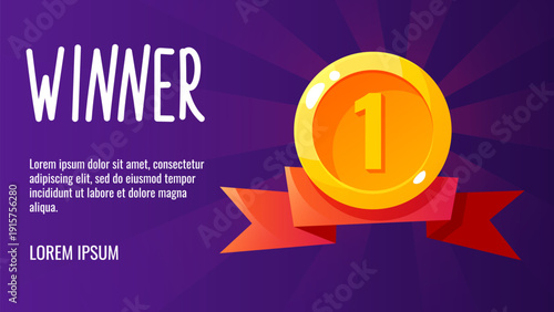 A banner with sports awards, game trophies, and gold, silver, and bronze medals. A certificate for celebrating sports victories, a poster for player motivation. A gold medal with a red ribbon.