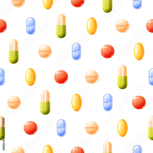 A seamless pattern of medicines and pills of various shapes and colors on a white background, with scattered pills. Vector illustration of a medical themed pattern.