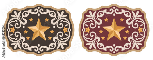 Sheriff Star Badge Rodeo Cowboy Belt Buckle Illustration Wild West Style Tag Featuring Texas Five Point Star With Decorative Floral Frame Vector Design Graphic Artwork