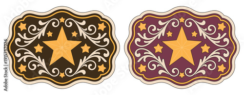 Sheriff Star Badge Rodeo Cowboy Belt Buckle Illustration Wild West Style Tag Featuring Texas Five Point Star With Decorative Floral Frame Vector Design Graphic Artwork