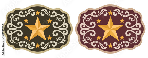 Sheriff Star Badge Rodeo Cowboy Belt Buckle Illustration Wild West Style Tag Featuring Texas Five Point Star With Decorative Floral Frame Vector Design Graphic Artwork