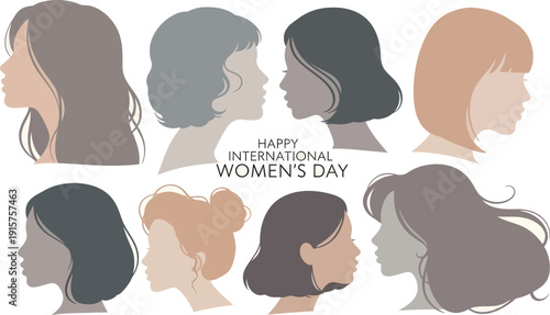 Vector illustration of diverse women's head silhouettes in profile, featuring various hairstyles and skin tones, isolated on a white background for International Women's Day.