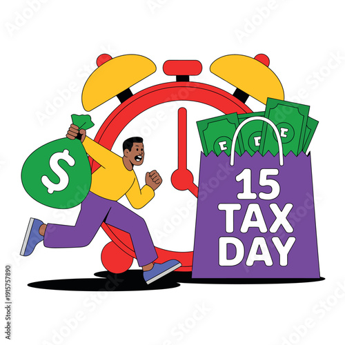 A cartoon man rushing with money and a shopping bag on tax day with an alarm clock