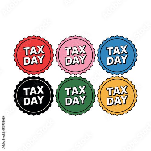 A colorful set of tax day stickers on a white background for financial reminders