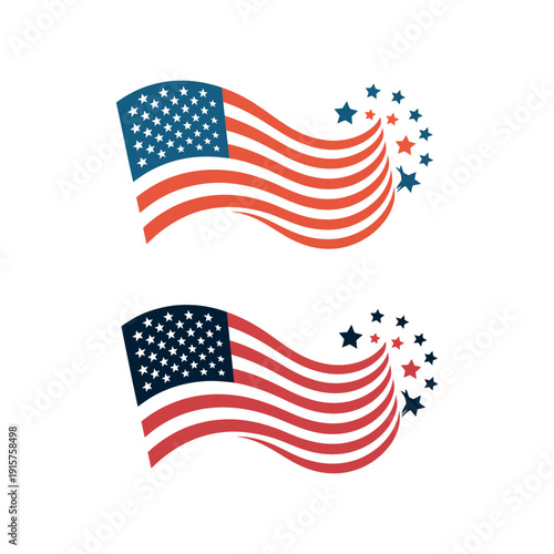 An illustration of two American flags waving with stars on a white background.