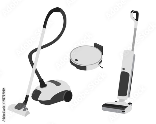 Set of modern vacuum cleaners including robotic, cordless stick and canister models, flat vector illustration isolated on white background
