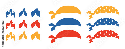 Tied bandana, neckerchief illustration isolated collection. Kids nautical design clip art set, accessory, costume, clothes element. Hand drawn flat vector on transparent background