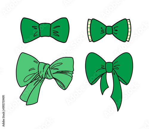 Green ribbon, tied bow illustration isolated set. Saint Patrick Day, traditional Irish design element, clip art collection. Hand drawn line vector on transparent background. Holiday celebration symbol