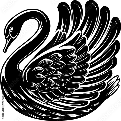 Black swan with detailed feathers swimming on water during daytime in a serene environment Generative AI