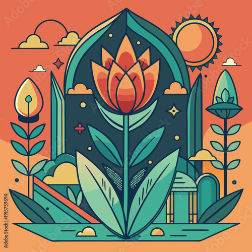 Colorful flower design with a sun and background scenery during daytime Generative AI