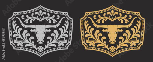 Longhorn Bull Label Belt Buckle Wild West Cowboy Style Tag Featuring Gold And Silver Stylized Silhouette Western Rodeo Vector Design Emblem Illustration Graphic Artwork