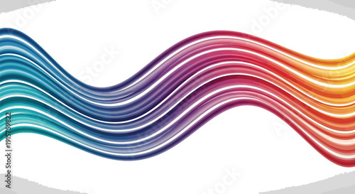 Vibrant multicolored wave of flowing abstract lines curves dynamically across a bright white background suggesting energy or data flow.