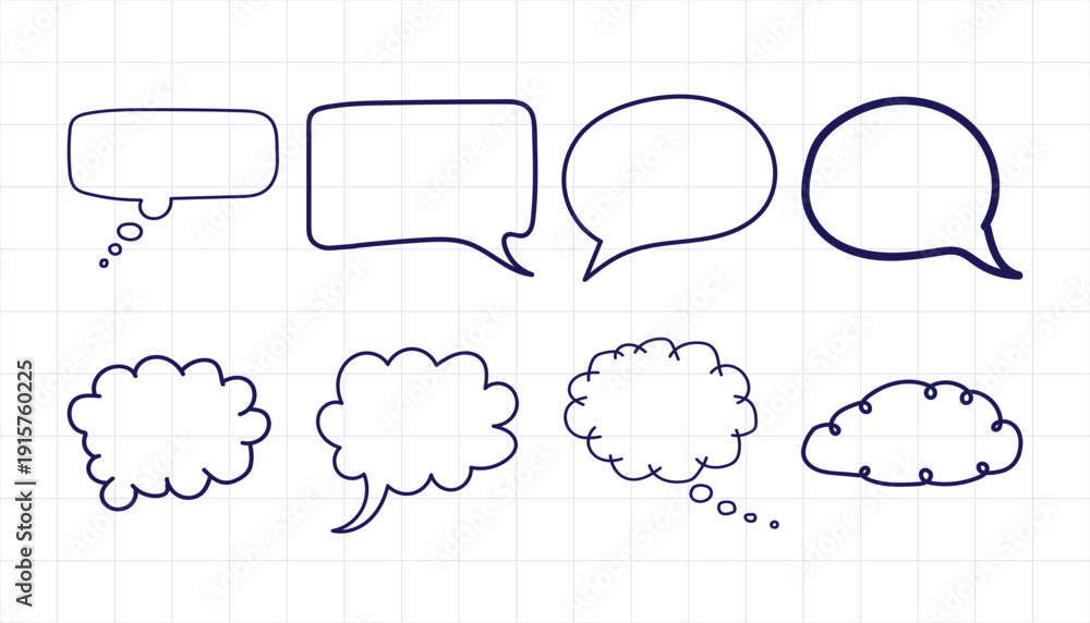 Fototapeta premium Blue ink hand-drawn speech and thought bubbles on graph paper
