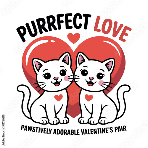 Two white cartoon cats sitting in front of a red heart on Valentine's Day