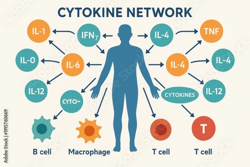 Cytokine network interaction revealed human body infographic scientific educational