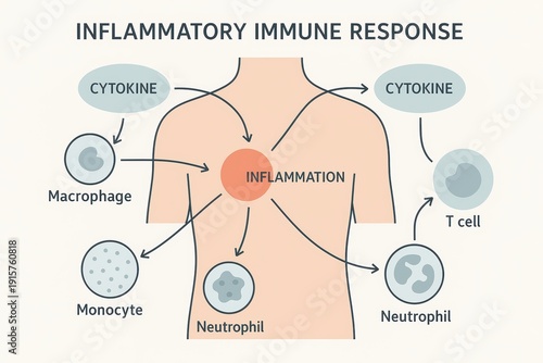 Inflammatory immune response mechanisms human body infographic educational scientific viewpoint