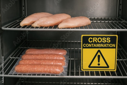 Cross contamination risk in food storage commercial kitchen safety notice indoor close-up health awareness