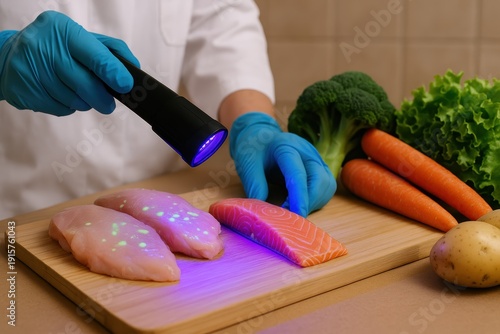 Inspecting fresh seafood quality with uv light kitchen setting educational content indoor close-up view