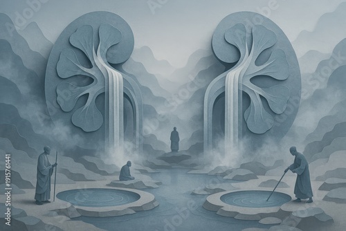 Artistic perspective of a mystical waterfall and ancient figures in a serene scene