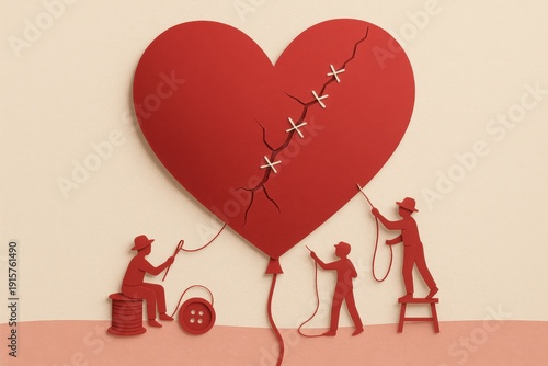 Repairing a broken heart emotional art installation studio paper craft creative close-up healing process